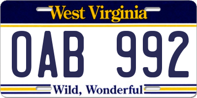 WV license plate OAB992