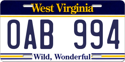 WV license plate OAB994