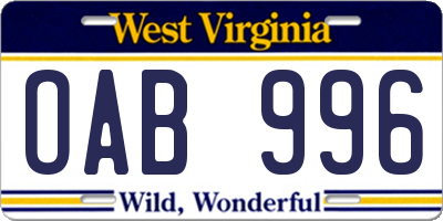 WV license plate OAB996