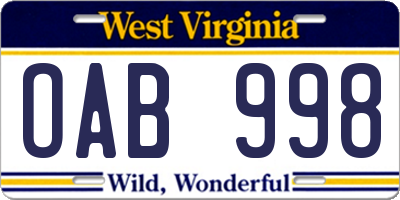 WV license plate OAB998