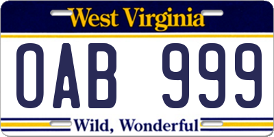 WV license plate OAB999