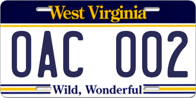 WV license plate OAC002