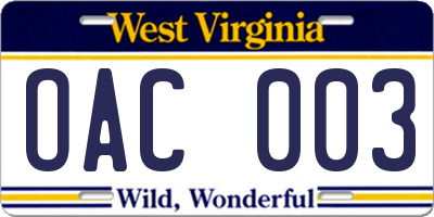 WV license plate OAC003