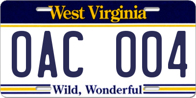 WV license plate OAC004