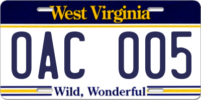 WV license plate OAC005