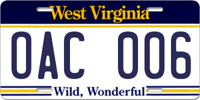 WV license plate OAC006