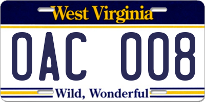 WV license plate OAC008