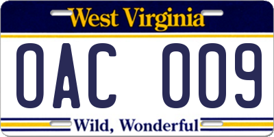 WV license plate OAC009