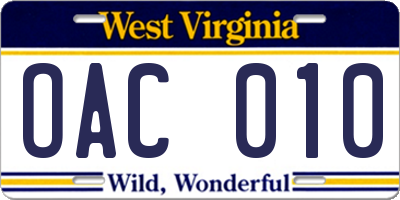 WV license plate OAC010