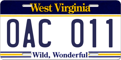 WV license plate OAC011