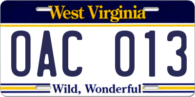 WV license plate OAC013