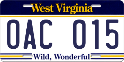 WV license plate OAC015