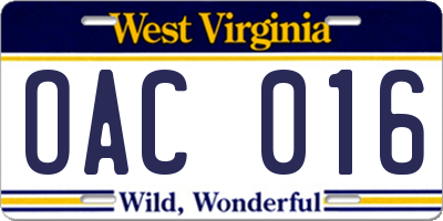 WV license plate OAC016