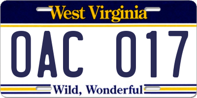 WV license plate OAC017