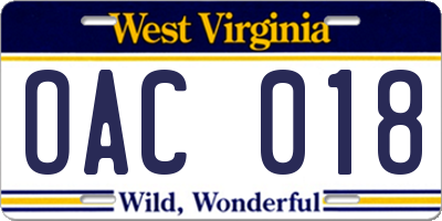 WV license plate OAC018
