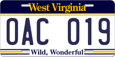 WV license plate OAC019