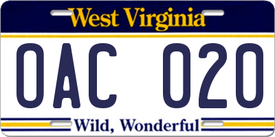 WV license plate OAC020