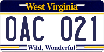 WV license plate OAC021