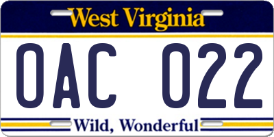 WV license plate OAC022
