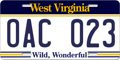 WV license plate OAC023