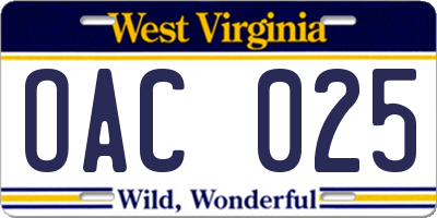 WV license plate OAC025