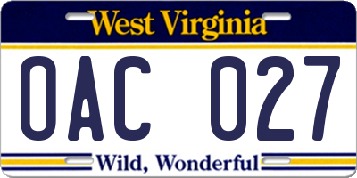 WV license plate OAC027