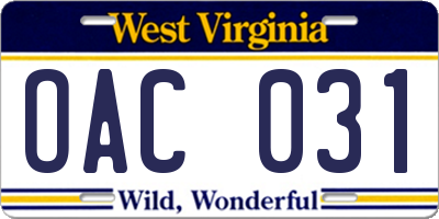 WV license plate OAC031