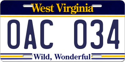 WV license plate OAC034