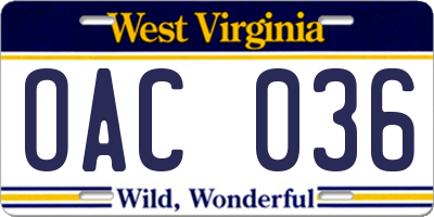 WV license plate OAC036