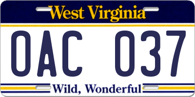 WV license plate OAC037