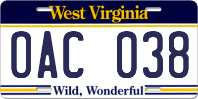 WV license plate OAC038