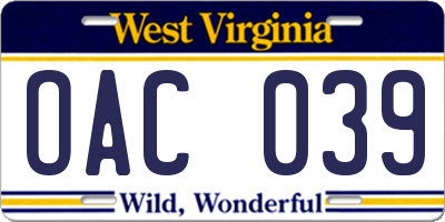 WV license plate OAC039