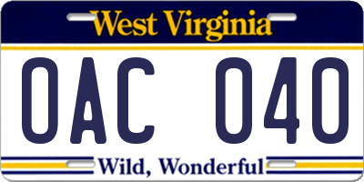 WV license plate OAC040