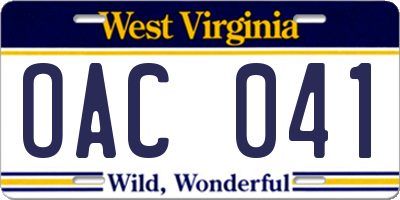 WV license plate OAC041