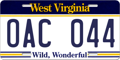 WV license plate OAC044