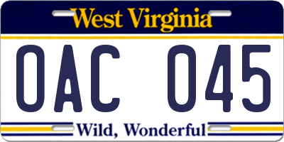 WV license plate OAC045
