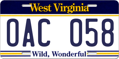 WV license plate OAC058