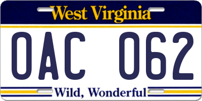 WV license plate OAC062