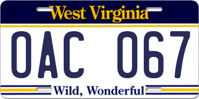WV license plate OAC067