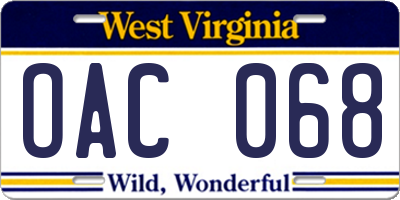 WV license plate OAC068