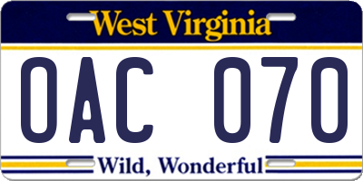 WV license plate OAC070