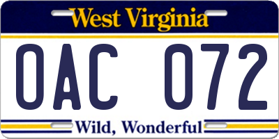 WV license plate OAC072