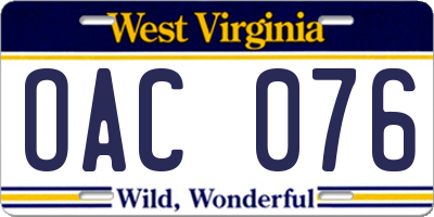 WV license plate OAC076