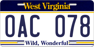 WV license plate OAC078