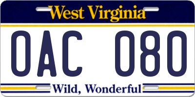 WV license plate OAC080