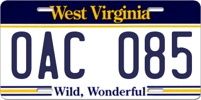 WV license plate OAC085