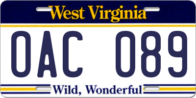 WV license plate OAC089