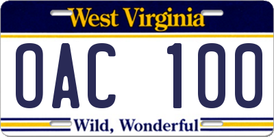 WV license plate OAC100