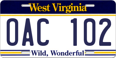 WV license plate OAC102