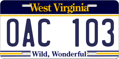 WV license plate OAC103